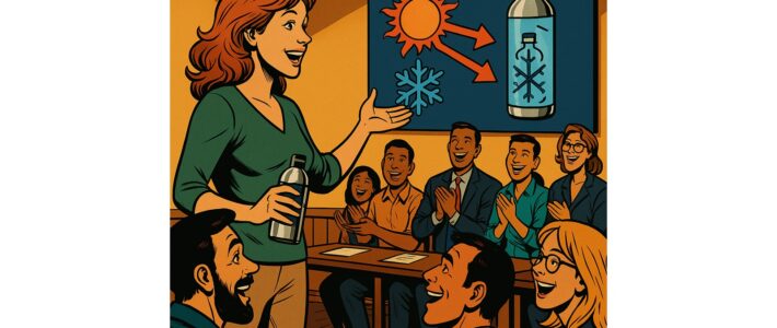 Illustration des englischen Clubabends der Kölner Sprechbar mit einer Rednerin, Publikum und einer Präsentation über Temperatur und Isolierung.