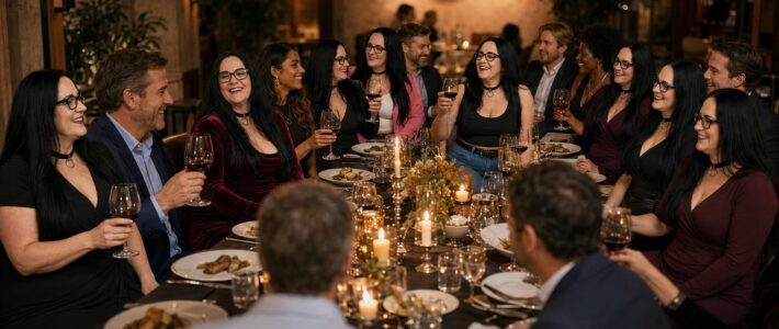 🍷 Fine Dining der Kölner Sprechbar – ein Abend für unsere Mitglieder Festliche Dinner-Runde der Kölner Sprechbar an einer kerzenbeleuchteten Tafel; die Gäste stoßen lächelnd mit Rotwein an.