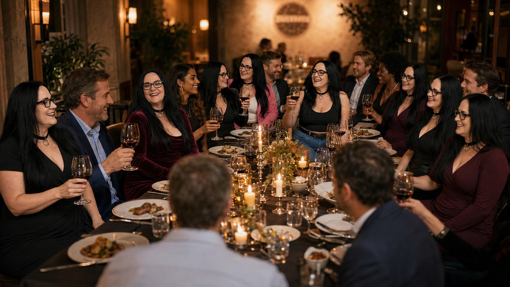 Festliche Dinner-Runde der Kölner Sprechbar an einer kerzenbeleuchteten Tafel; die Gäste stoßen lächelnd mit Rotwein an.