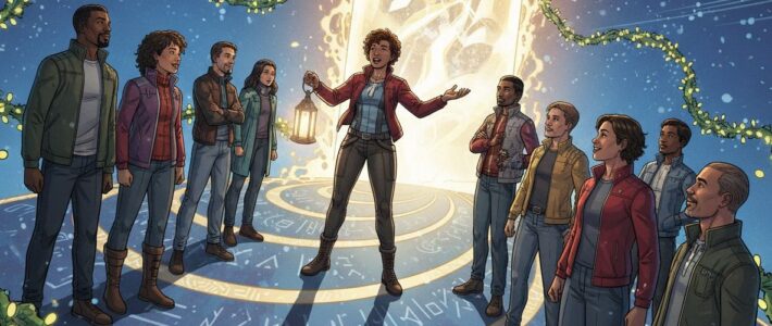 Comic-Illustration einer Gruppe der Kölner Sprechbar, die um ein leuchtendes Portal mit weihnachtlichen Lichtern steht – Motiv „Hero’s Journey“.