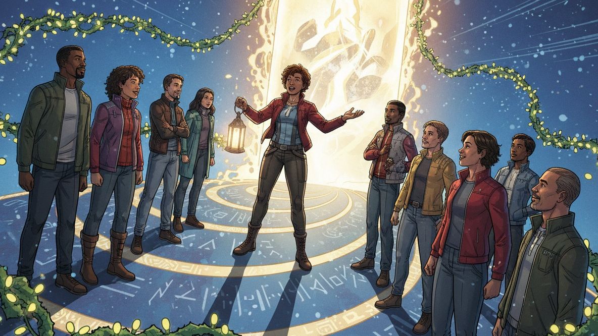 Comic-Illustration einer Gruppe der Kölner Sprechbar, die um ein leuchtendes Portal mit weihnachtlichen Lichtern steht – Motiv „Hero’s Journey“.