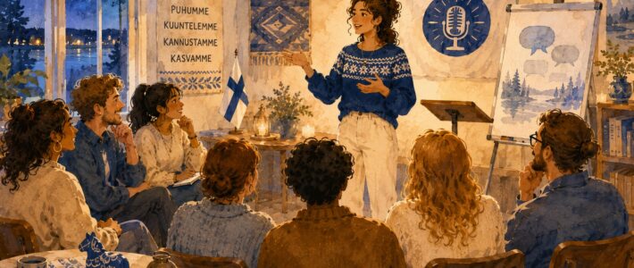 18.02.2015 – Hyvää iltaa Mitglieder der Kölner Sprechbar beim Clubabend Hyvää iltaa am 18.02.2015 – finnisches Motto, Rednerin vor internationalem Publikum.