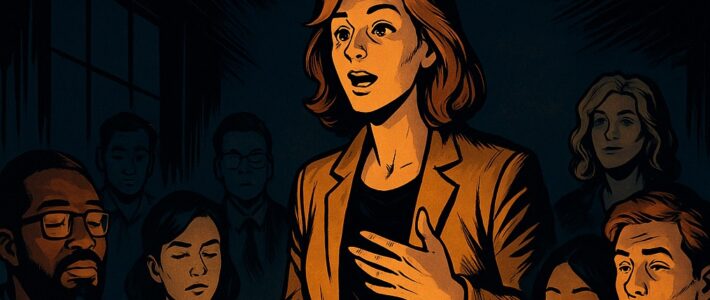 Illustration des Clubabends Podcast - Reden im Dunkeln der Kölner Sprechbar mit einer Rednerin und Zuhörenden im Kerzenlicht.