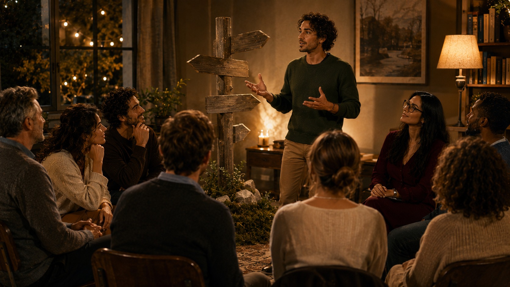 Members of Kölner Sprechbar at the club meeting The one less traveled by on 07.10.2015 – a speaker at a crossroads signpost with an engaged international audience.