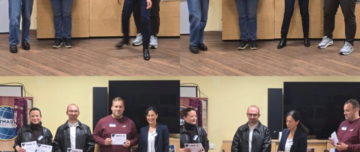 Review of our Toastmasters evening on 06.05.2026 Collage from a Toastmasters evening at Kölner Sprechbar showing adults in a seminar room during award moments, conversations and public speaking activities.
