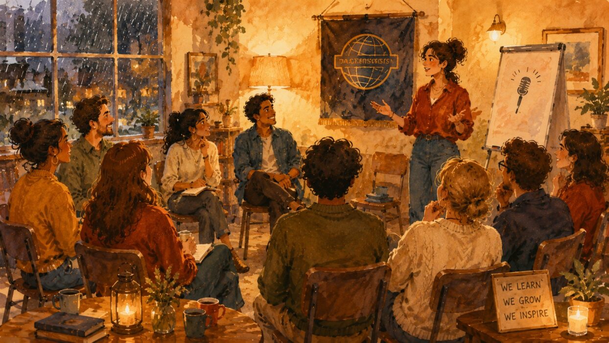 Illustration: Eine Frau spricht stehend vor einer sitzenden Gruppe in einem gemütlich beleuchteten Raum, im Hintergrund ein Banner mit Weltkugel-Symbol und ein Flipchart mit Mikrofon-Symbol.
