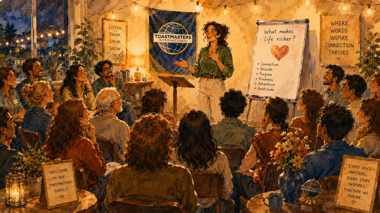 Illustration: Eine Frau spricht vor sitzendem Publikum in gemütlicher Runde, im Hintergrund ein Toastmasters-Banner und ein Flipchart mit der Frage „What makes life richer?“ und Stichpunkten wie Connection, Growth und Purpose.