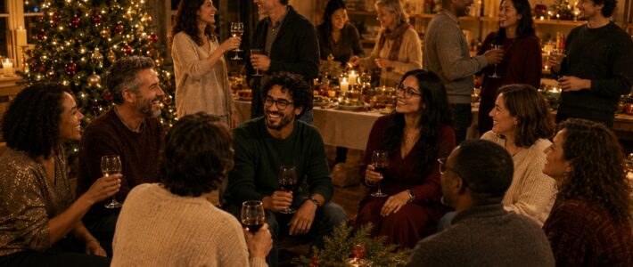 Weihnachtsfeier der Kölner Sprechbar am 02.12.2015 – festlich geschmückter Raum mit Buffet, Kerzen und fröhlichen Mitgliedern beim Anstoßen.