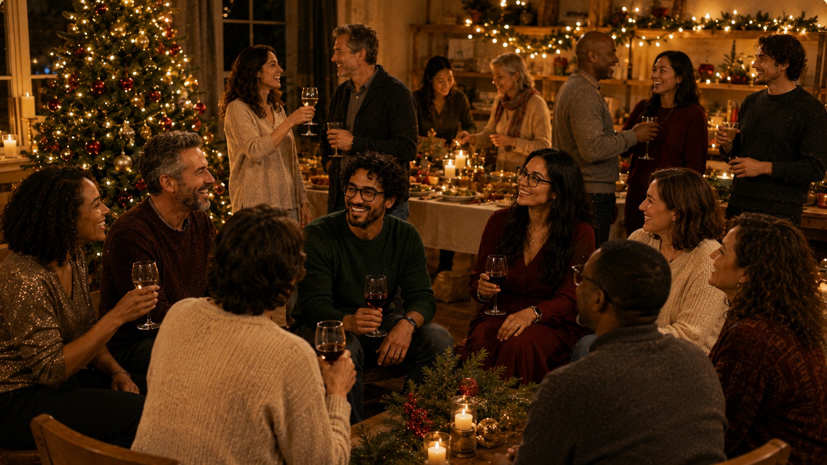 Weihnachtsfeier der Kölner Sprechbar am 02.12.2015 – festlich geschmückter Raum mit Buffet, Kerzen und fröhlichen Mitgliedern beim Anstoßen.