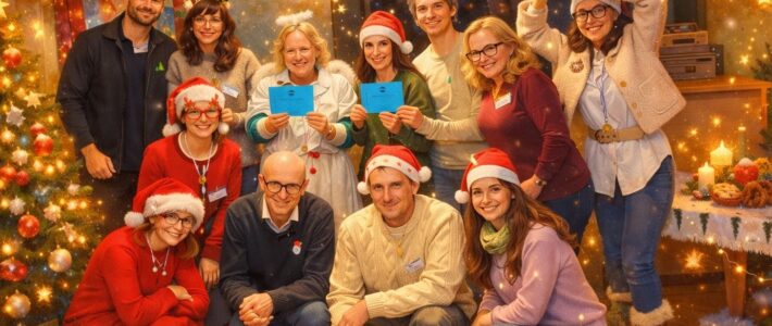 Rückblick: Weihnachtsfeier in der Kölner Sprechbar am 17.12.2025 🎄🕯️ Eine festlich gekleidete Gruppe der Kölner Sprechbar mit Nikolausmützen posiert vor einem weihnachtlich geschmückten Raum mit Lichterketten und Christbaum.