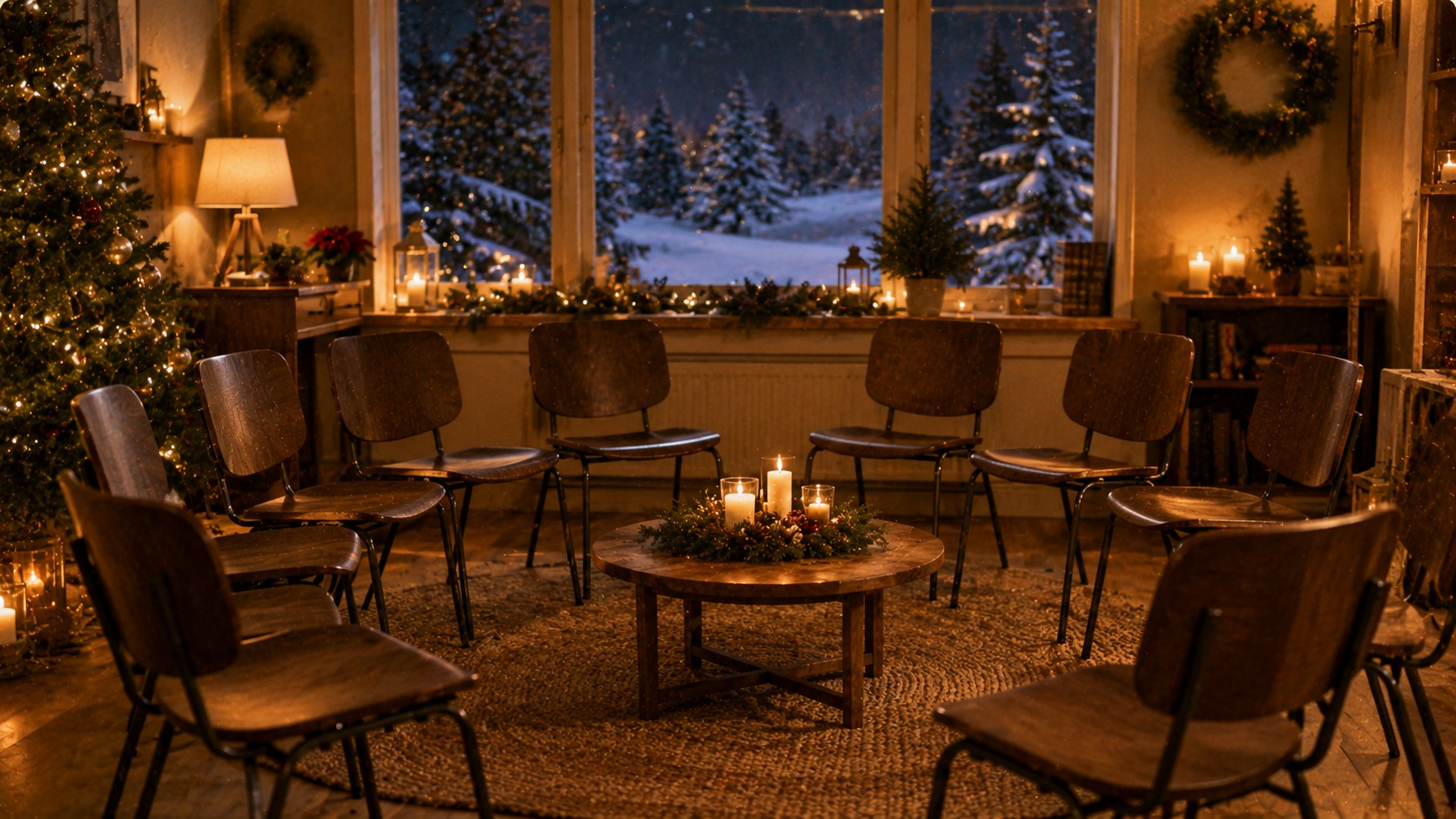 Festlicher Weihnachtsgruß der Kölner Sprechbar zur Winterpause 2015/2016 – stimmungsvolle Kerzen und Tannenzweige in winterlicher Atmosphäre.