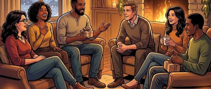 Weihnachtszauber bei der Kölner Sprechbar – 17.12.2025 🎄🕯️ Illustration einer gemütlichen weihnachtlichen Runde der Kölner Sprechbar vor einem Kamin mit Kerzen und festlicher Deko.