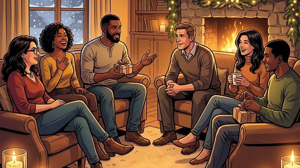 Sechs Personen sitzen gemütlich im Wohnzimmer um einen Kamin. Kerzen, Lichterketten und Tannengirlanden sorgen für weihnachtliche Stimmung. Draußen fällt Schnee. Die Gruppe lacht, unterhält sich und hält Geschenke und Tassen in den Händen.