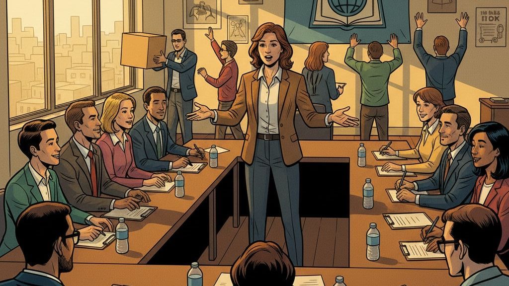 Comic-Illustration eines Workshops der Kölner Sprechbar: Eine Frau moderiert vor einer Gruppe an Tischen, an der Wand das Toastmasters-Logo.