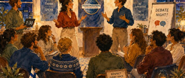 11.02.2015 – Zeig, was du kannst! Zwei Mitglieder der Kölner Sprechbar beim Dialog-Stegreif-Debattierabend am 11.02.2015 – lebhafte Diskussion vor aufmerksamem Publikum.