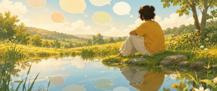 Person sitzt nachdenklich an einem sommerlichen Teich, deren Spiegelbild im stillen Wasser sichtbar ist, umgeben von Sommerblumen und sanften Sprechblasen.