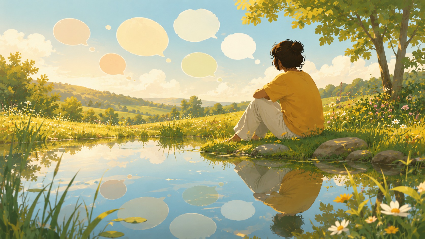 Person sitzt nachdenklich an einem sommerlichen Teich, deren Spiegelbild im stillen Wasser sichtbar ist, umgeben von Sommerblumen und sanften Sprechblasen.