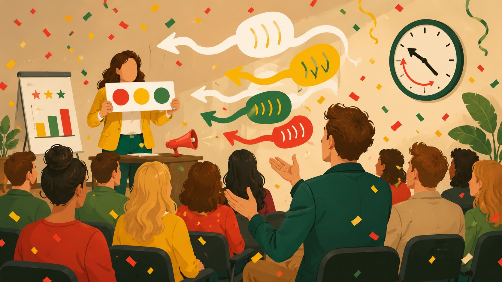 Humorvolle Illustration eines Rückwärts-Meetings: Bewerter und Redner tauschen die Rollen, Sprechblasen fließen rückwärts, eine Uhr läuft gegen den Uhrzeigersinn, Konfetti in Karnevalsfarben füllt den Raum.