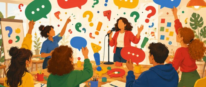 Spielen Bunte Illustration spielerischer Elemente rund ums Sprechen: Sprechblasen als Spielsteine, eine Person am Mikrofon, Buchstaben und Satzzeichen tanzen durch die Luft in einem lebhaften Raum.