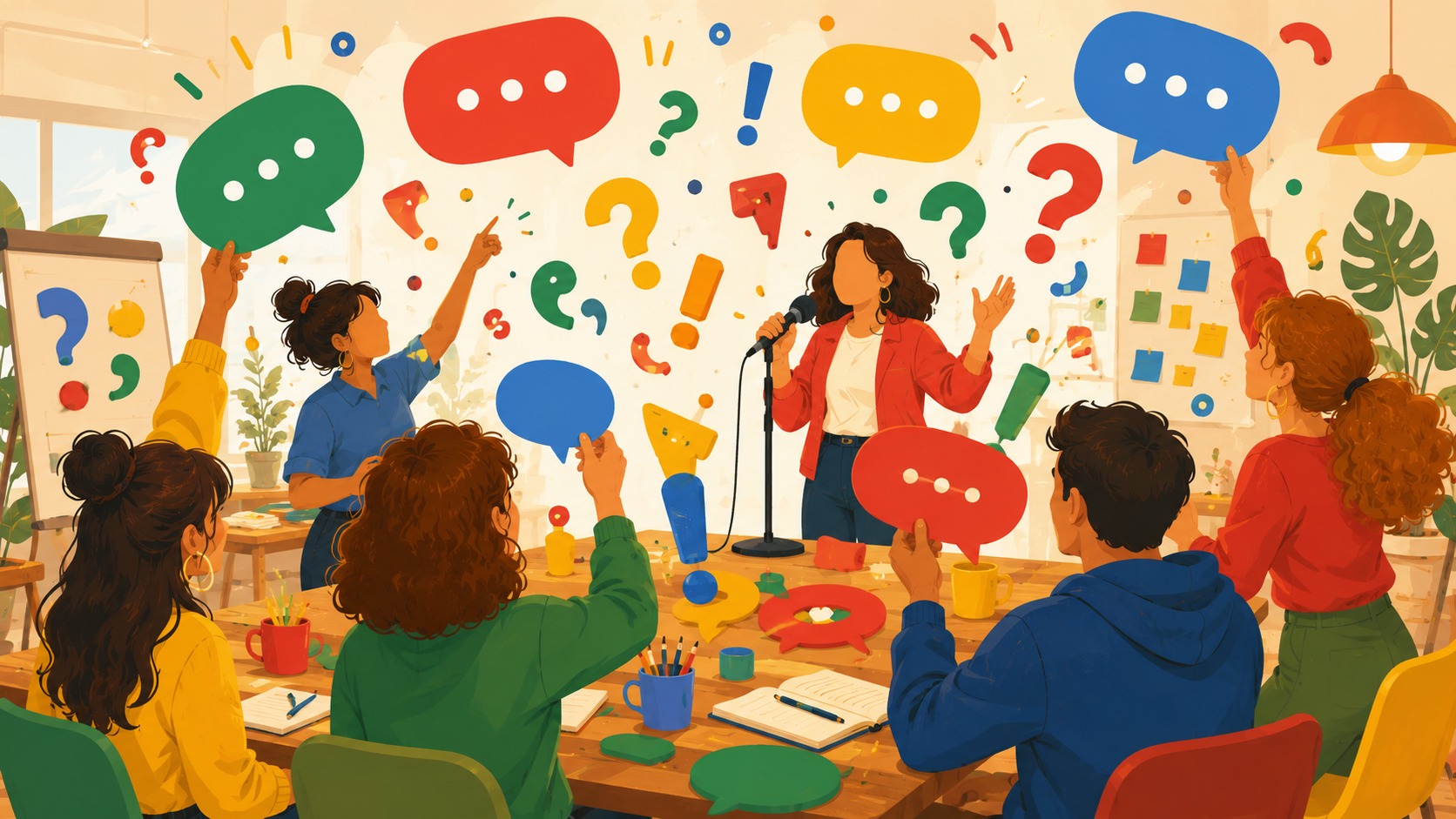 Bunte Illustration spielerischer Elemente rund ums Sprechen: Sprechblasen als Spielsteine, eine Person am Mikrofon, Buchstaben und Satzzeichen tanzen durch die Luft in einem lebhaften Raum.