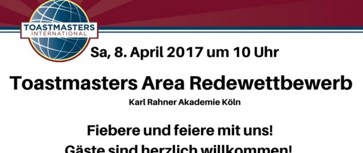 Ankündigungsgrafik zum Toastmasters Area-A5-Frühjahrswettbewerb 2017 in Köln.