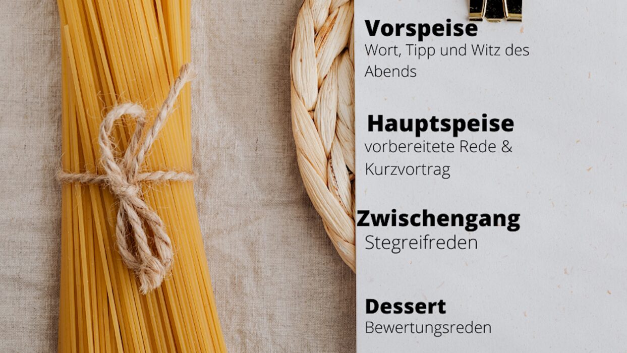 Speisekarten-Grafik neben gebündelter Pasta: Vorspeise „Wort, Tipp und Witz des Abends“, Hauptspeise „vorbereitete Rede & Kurzvortrag“, Zwischengang „Stegreifreden“, Dessert „Bewertungsreden“.