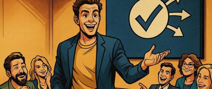 Rückblick: Clubabend am 16. Juli 2025 – „Darf ich mich vorstellen, OA006!“ Comic-inspirierte Illustration im Marvel-Stil der 2010er Jahre: Ein junger Mann spricht mit lebendiger Gestik vor einem applaudierenden, lachenden Publikum in einem U-förmig bestuhlten Raum; im Hintergrund zeigt ein Bildschirm ein stilisiertes Häkchen mit drei Pfeilen als Symbol für Entscheidungsfindung.
