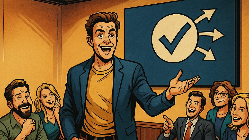 Comic-inspirierte Illustration im Marvel-Stil der 2010er Jahre: Ein junger Mann spricht mit lebendiger Gestik vor einem applaudierenden, lachenden Publikum in einem U-förmig bestuhlten Raum; im Hintergrund zeigt ein Bildschirm ein stilisiertes Häkchen mit drei Pfeilen als Symbol für Entscheidungsfindung.