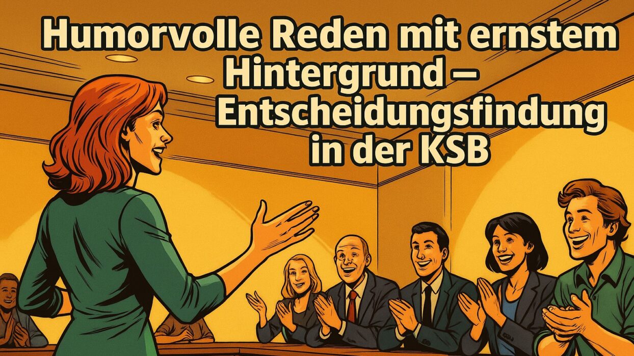 Comic-inspirierte Illustration im Marvel-Stil der 2010er Jahre: Eine rothaarige Frau spricht selbstbewusst vor einem applaudierenden Publikum in einem U-förmig bestuhlten Raum; im Hintergrund steht der Titel „Humorvolle Reden mit ernstem Hintergrund – Entscheidungsfindung in der KSB“.