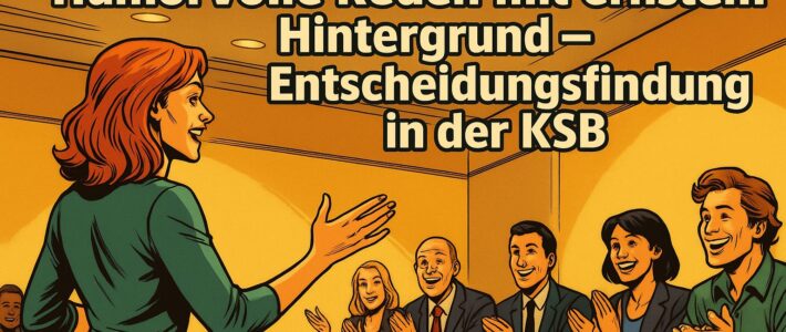 Comic-inspirierte Illustration im Marvel-Stil der 2010er Jahre: Eine rothaarige Frau spricht selbstbewusst vor einem applaudierenden Publikum in einem U-förmig bestuhlten Raum; im Hintergrund steht der Titel „Humorvolle Reden mit ernstem Hintergrund – Entscheidungsfindung in der KSB“.