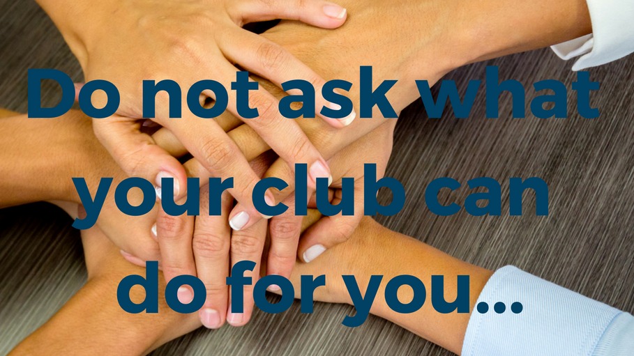 Mehrere ineinandergelegte Hände mit dem Schriftzug "Do not ask what your club can do for you..." – Ankündigungsgrafik der Kölner Sprechbar.