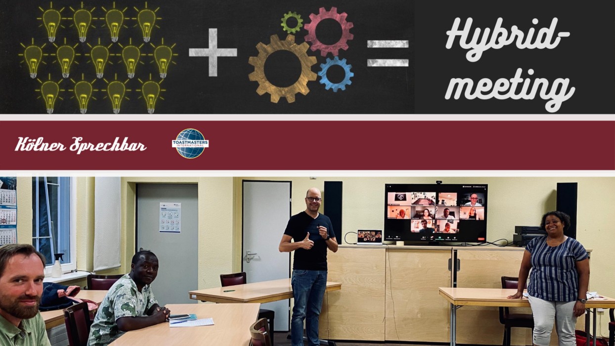 Grafik mit dem Schriftzug „Hybridmeeting“ über einem Foto vom ersten Online-Präsenz-Hybridmeeting der Kölner Sprechbar mit anwesenden und per Zoom zugeschalteten Mitgliedern.