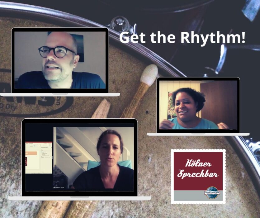 Quadratische Version derselben Grafik „Get the Rhythm!“ mit den Zoom-Kacheln der Teilnehmenden, Trommelstöcken und dem Logo der Kölner Sprechbar.
