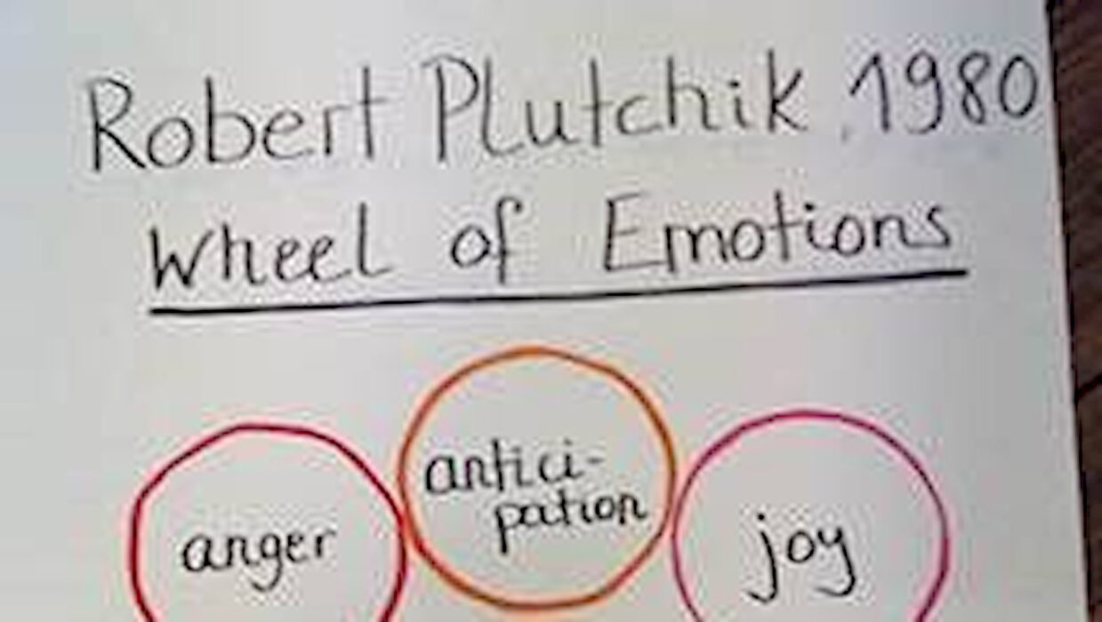 Handgeschriebene Flipchart-Grafik "Wheel of Emotions" nach Robert Plutchik (1980) mit Emotionen wie Anger, Anticipation und Joy.