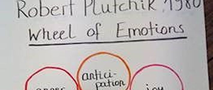 Handgeschriebene Flipchart-Grafik "Wheel of Emotions" nach Robert Plutchik (1980) mit Emotionen wie Anger, Anticipation und Joy.