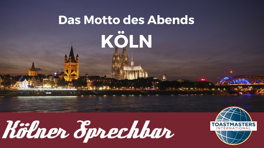 Grafik mit dem Motto des Abends „Köln“ vor der nächtlichen Kölner Skyline mit Dom und Rheinbrücke.