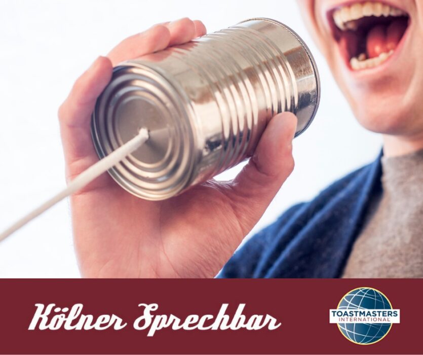 Grafik: Eine Person hält eine Dosentelefon-Konservendose ans Ohr, eine andere Person ruft lachend hinein, darunter Schriftzug „Kölner Sprechbar“ und Toastmasters-Logo.