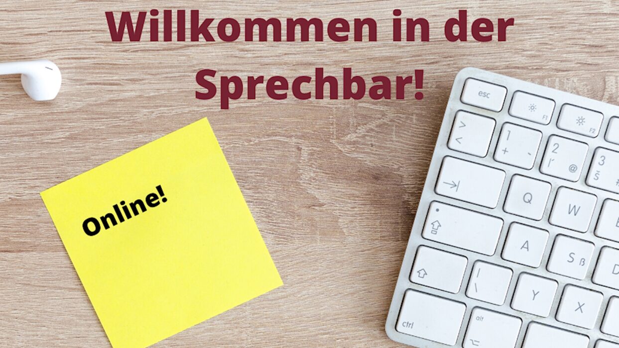 Ankündigungsgrafik der Kölner Sprechbar zu den neuen Online-Meetings während der Corona-Zeit.