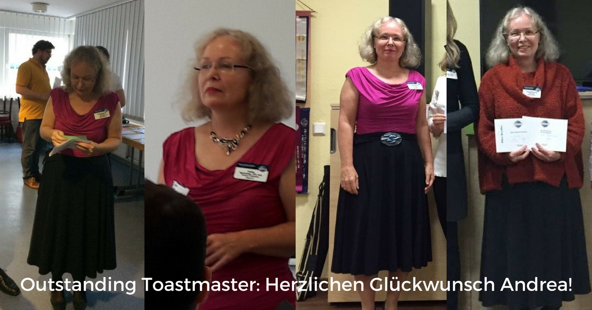 Bildcollage mit vier Fotos von Andrea bei Toastmasters-Auftritten mit dem Titel „Outstanding Toastmaster: Herzlichen Glückwunsch Andrea!“.