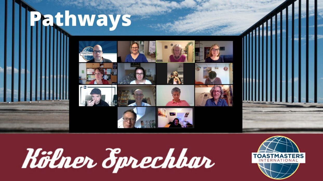 Dieselbe Zoom-Konferenz mit den Teilnehmenden, darunter der Schriftzug „Kölner Sprechbar“ und das Toastmasters-International-Logo.
