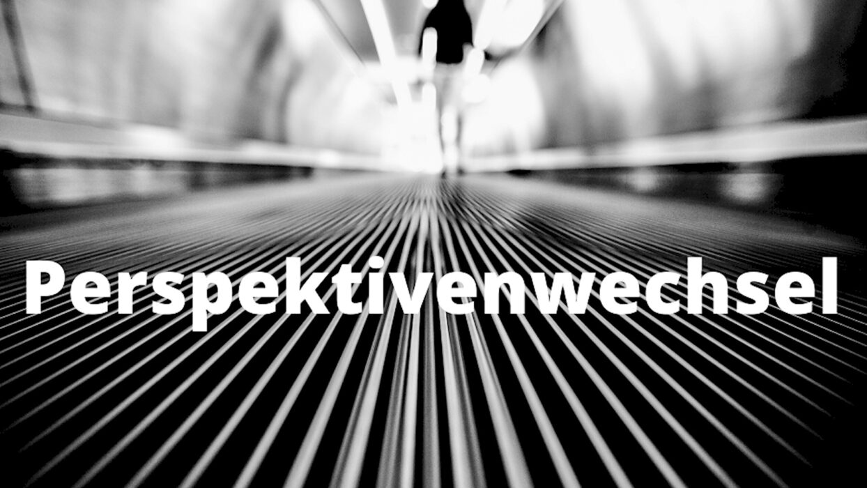 Schwarz-weiße Linien laufen perspektivisch auf eine Person und den Schriftzug Perspektivenwechsel zu.