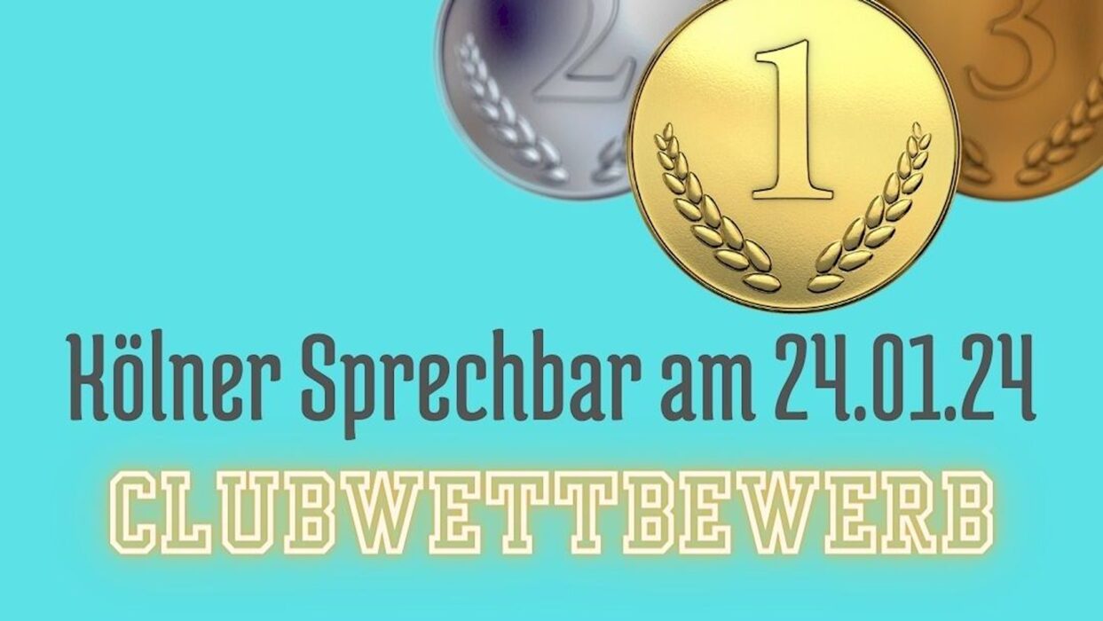 Drei Medaillen mit den Ziffern 1, 2 und 3 vor türkisem Hintergrund, dazu der Schriftzug „Kölner Sprechbar am 24.01.24 – Clubwettbewerb“.