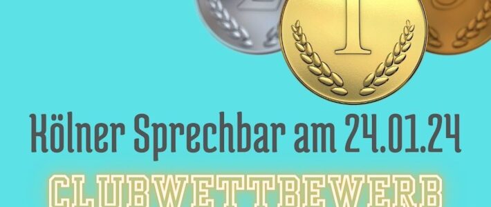 Drei Medaillen mit den Ziffern 1, 2 und 3 vor türkisem Hintergrund, dazu der Schriftzug „Kölner Sprechbar am 24.01.24 – Clubwettbewerb“.
