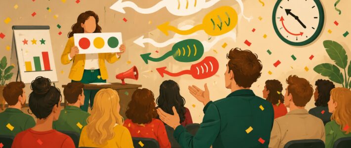 Sprechbar Abend, rückwärts Humorvolle Illustration eines Rückwärts-Meetings: Bewerter und Redner tauschen die Rollen, Sprechblasen fließen rückwärts, eine Uhr läuft gegen den Uhrzeigersinn, Konfetti in Karnevalsfarben füllt den Raum.