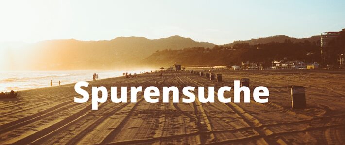 Weg durch eine weite Landschaft bei Sonnenuntergang mit dem Schriftzug Spurensuche.