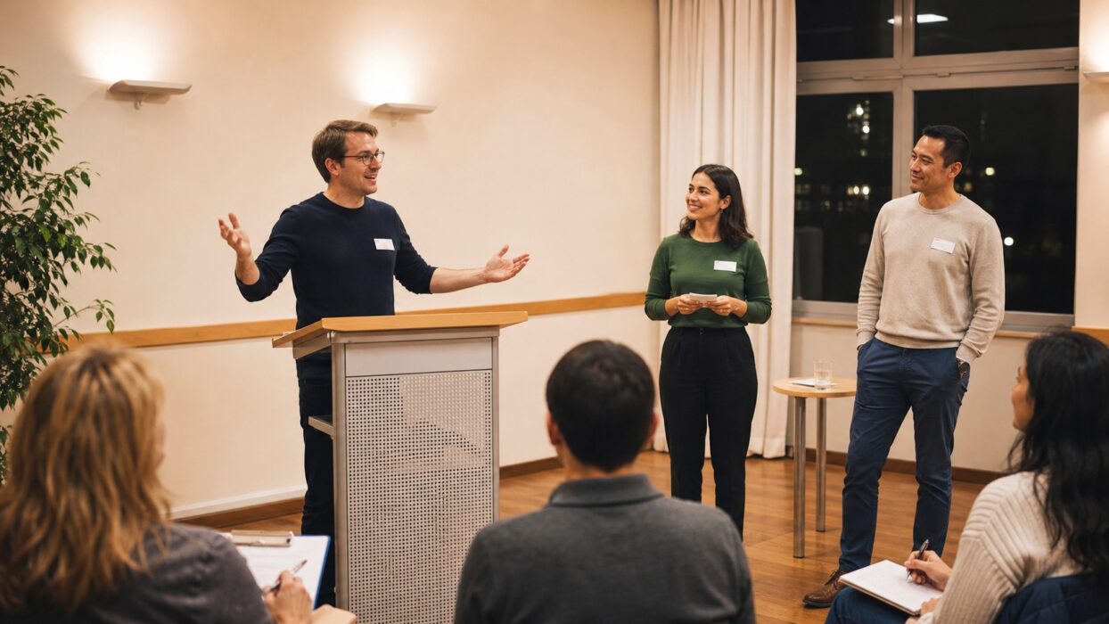 Drei Rednerinnen und Redner bilden bei einem englischsprachigen Clubabend eine Gruppe vor dem Publikum.