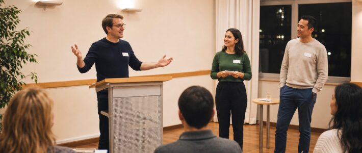 Drei Rednerinnen und Redner bilden bei einem englischsprachigen Clubabend eine Gruppe vor dem Publikum.