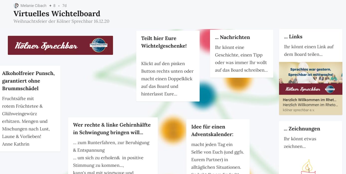 Screenshot eines virtuellen Padlet-Boards „Virtuelles Wichtelboard“ zur Weihnachtsfeier der Kölner Sprechbar mit Klebezetteln für Wichtelgeschenke, Rezepte, Links und Zeichnungen.