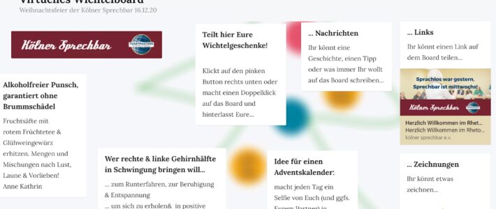 Screenshot eines virtuellen Padlet-Boards „Virtuelles Wichtelboard“ zur Weihnachtsfeier der Kölner Sprechbar mit Klebezetteln für Wichtelgeschenke, Rezepte, Links und Zeichnungen.