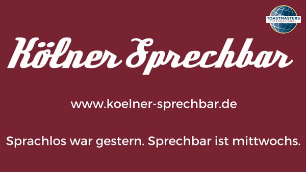 Burgunderrote Titelgrafik der Kölner Sprechbar mit Clublogo und Website-Adresse.